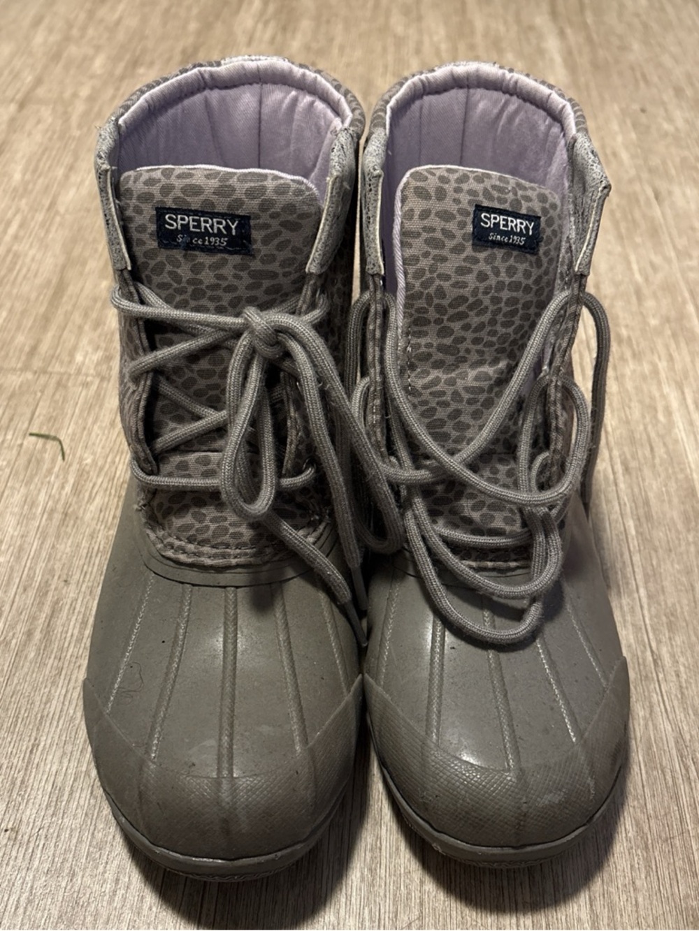 Sperry Light Gray and Lavender Lace-Up Duck Boots